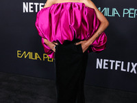 Zoe Saldana wearing a Saint Laurent dress arrives at the Los Angeles Premiere of Netflix's 'Emilia Perez' held at The Egyptian Theatre Holly...