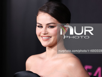 Selena Gomez wearing Elie Saab arrives at the Los Angeles Premiere of Netflix's 'Emilia Perez' held at The Egyptian Theatre Hollywood on Oct...