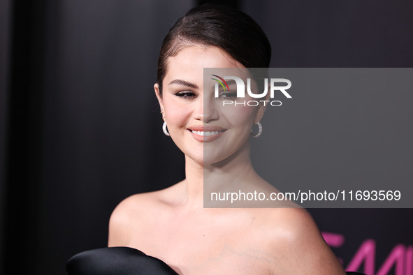 Selena Gomez wearing Elie Saab arrives at the Los Angeles Premiere of Netflix's 'Emilia Perez' held at The Egyptian Theatre Hollywood on Oct...