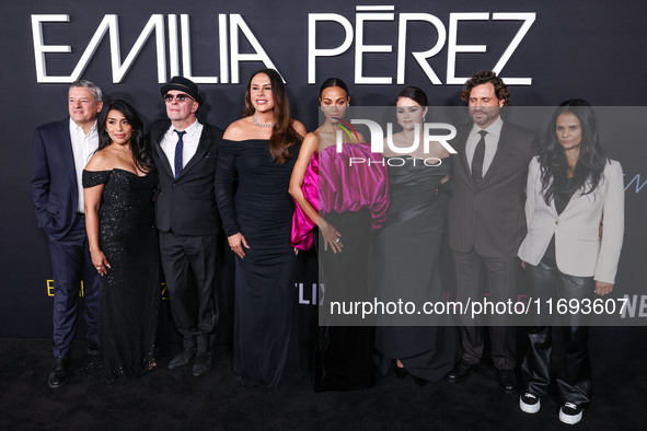 Ted Sarandos, Adriana Paz, Jacques Audiard, Karla Sofia Gascon, Zoe Saldana, Selena Gomez, Edgar Ramirez and Bela Bajaria arrive at the Los...