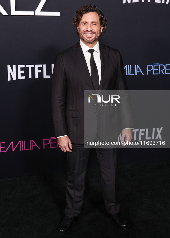 Edgar Ramirez arrives at the Los Angeles Premiere of Netflix's 'Emilia Perez' held at The Egyptian Theatre Hollywood on October 21, 2024 in...