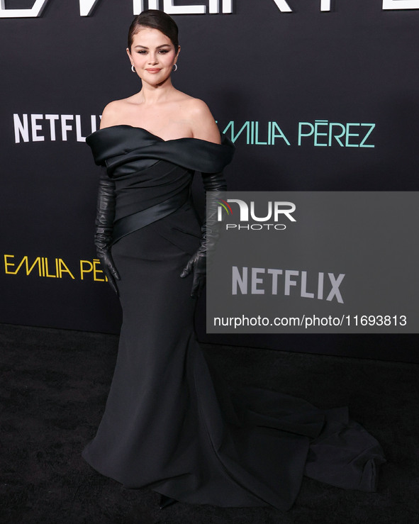 Selena Gomez wearing Elie Saab arrives at the Los Angeles Premiere of Netflix's 'Emilia Perez' held at The Egyptian Theatre Hollywood on Oct...