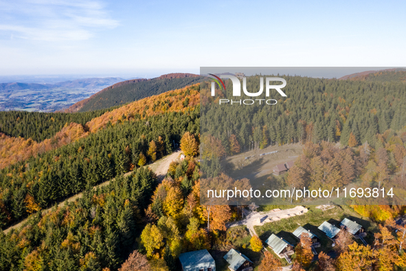 Aerial View of Moravian-Silesian Beskids mountain range as autumn trees shine with colours in Czech Republic on October 20, 2024. The range...