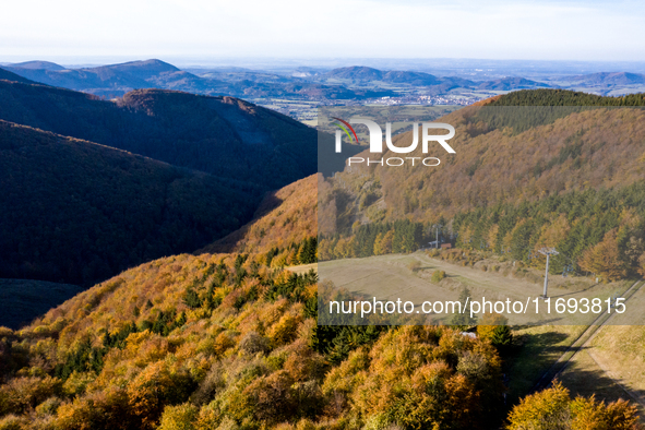 Aerial View of Moravian-Silesian Beskids mountain range as autumn trees shine with colours in Czech Republic on October 20, 2024. The range...