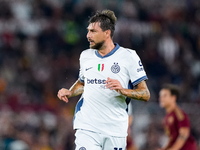 Francesco Acerbi of FC Internazionale looks on during the Serie A Enilive match between AS Roma and FC Internazionale at Stadio Olimpico on...