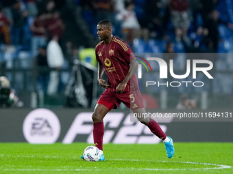 Evan Ndicka of AS Roma during the Serie A Enilive match between AS Roma and FC Internazionale at Stadio Olimpico on October 20, 2024 in Rome...