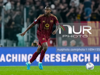 Evan Ndicka of AS Roma during the Serie A Enilive match between AS Roma and FC Internazionale at Stadio Olimpico on October 20, 2024 in Rome...