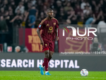 Evan Ndicka of AS Roma during the Serie A Enilive match between AS Roma and FC Internazionale at Stadio Olimpico on October 20, 2024 in Rome...