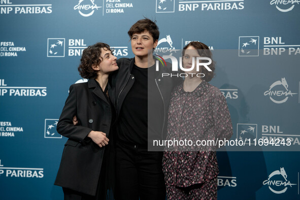 Tecla Insolia, Sara Petraglia, and Carlotta Gamba attend the ''L'Albero'' photocall during the 19th Rome Film Festival at Auditorium Parco D...