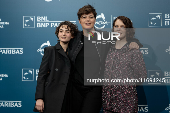 Tecla Insolia, Sara Petraglia, and Carlotta Gamba attend the ''L'Albero'' photocall during the 19th Rome Film Festival at Auditorium Parco D...