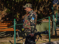 A security personnel stands guard in Srinagar, Jammu and Kashmir, on October 22, 2024. Security forces are on high alert after a recent mili...