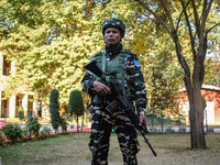 A security personnel stands guard in Srinagar, Jammu and Kashmir, on October 22, 2024. Security forces are on high alert after a recent mili...