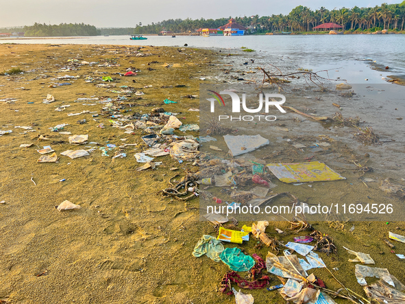 Trash and filth cover Paruthiyoor Beach in Paruthiyoor, Kerala, India, on April 15, 2024. 