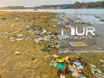 Trash and filth cover Paruthiyoor Beach in Paruthiyoor, Kerala, India, on April 15, 2024. (