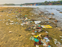 Trash and filth cover Paruthiyoor Beach in Paruthiyoor, Kerala, India, on April 15, 2024. (