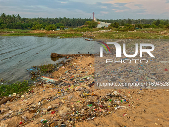 Trash and filth cover Paruthiyoor Beach in Paruthiyoor, Kerala, India, on April 15, 2024. (