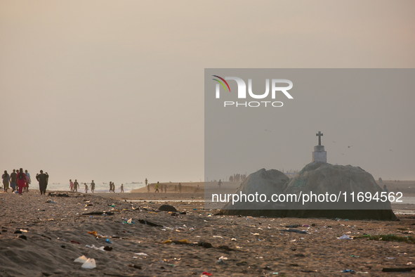 Trash and filth cover Paruthiyoor Beach in Paruthiyoor, Kerala, India, on April 15, 2024. 