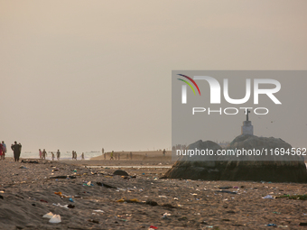 Trash and filth cover Paruthiyoor Beach in Paruthiyoor, Kerala, India, on April 15, 2024. (