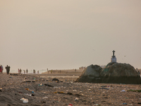 Trash and filth cover Paruthiyoor Beach in Paruthiyoor, Kerala, India, on April 15, 2024. (