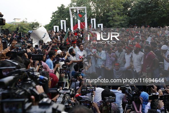 Anti-Discrimination students participate in a protest demanding President Mohammed Shahabuddin step down over his comment about the resignat...