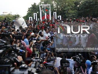 Anti-Discrimination students participate in a protest demanding President Mohammed Shahabuddin step down over his comment about the resignat...