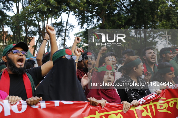 Anti-Discrimination students participate in a protest demanding President Mohammed Shahabuddin step down over his comment about the resignat...