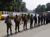 Bangladesh army personnel stand guard in front of Bangabhaban in Dhaka, Bangladesh, on October 22, 2024. (