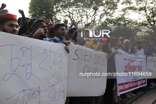 Anti-Discrimination students participate in a protest demanding President Mohammed Shahabuddin step down over his comment about the resignat...