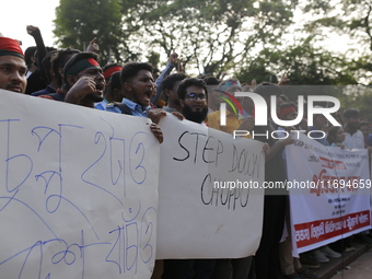 Anti-Discrimination students participate in a protest demanding President Mohammed Shahabuddin step down over his comment about the resignat...