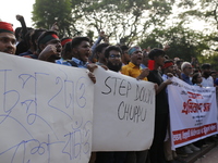 Anti-Discrimination students participate in a protest demanding President Mohammed Shahabuddin step down over his comment about the resignat...