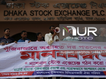 Capital market investors participate in a protest against the fall in stock prices over the past weeks in Dhaka, Bangladesh, on October 22,...