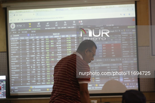 A trader stands in front of a screen during the Dhaka Stock Exchange trading session at a Brokerage House in Dhaka, Bangladesh, on October 2...