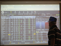 A trader looks up at a screen during the Dhaka Stock Exchange trading session at a Brokerage House in Dhaka, Bangladesh, on October 22, 2024...