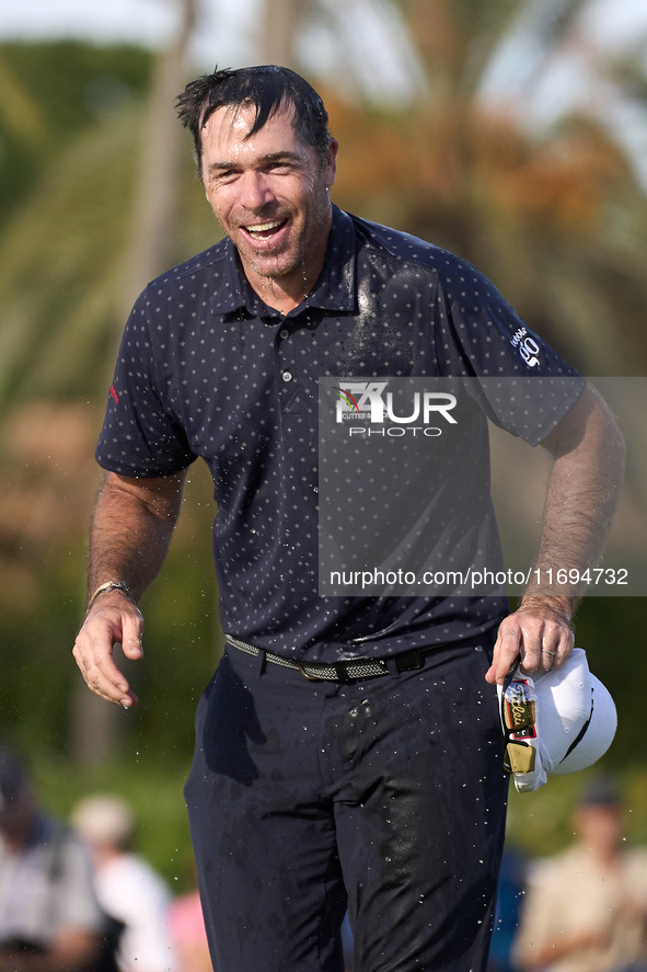 Julien Guerrier of France celebrates victory on the 18th green, on the ninth play-off hole, during day four of the Estrella Damm N.A. Andalu...