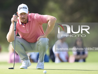 Jacques Kruyswijk of South Africa studies his shot on the 18th green during day four of the Estrella Damm N.A. Andalucia Masters 2024 at Rea...