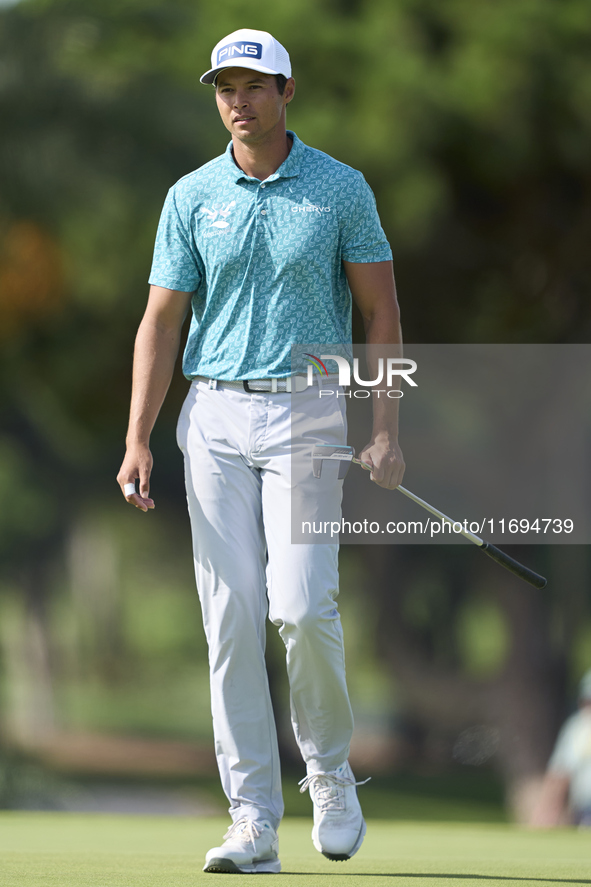 Johannes Veerman of the USA reacts on the 18th green on the fourth day of the Estrella Damm N.A. Andalucia Masters 2024 at Real Club de Golf...