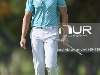 Johannes Veerman of the USA reacts on the 18th green on the fourth day of the Estrella Damm N.A. Andalucia Masters 2024 at Real Club de Golf...