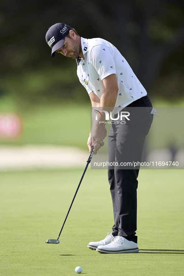 Marcel Schneider of Germany plays a shot on the 18th green during day four of the Estrella Damm N.A. Andalucia Masters 2024 at Real Club de...