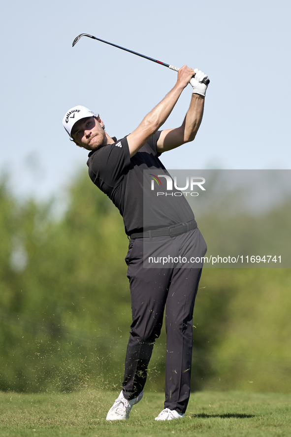 Rasmus Hojgaard of Denmark plays his second shot on the 15th hole during day four of the Estrella Damm N.A. Andalucia Masters 2024 at Real C...