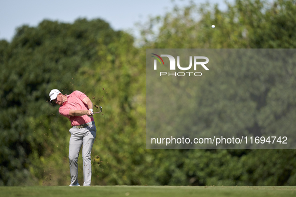 Jacques Kruyswijk of South Africa plays his second shot on the 15th hole on the fourth day of the Estrella Damm N.A. Andalucia Masters 2024...