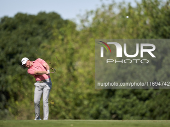 Jacques Kruyswijk of South Africa plays his second shot on the 15th hole on the fourth day of the Estrella Damm N.A. Andalucia Masters 2024...