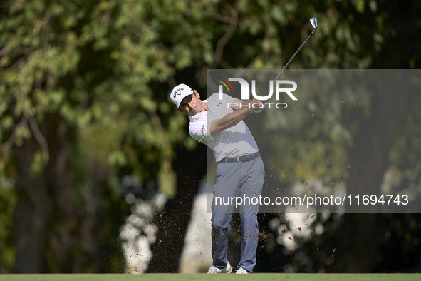 Fabrizio Zanotti of Paraguay plays his second shot on the 15th hole on the fourth day of the Estrella Damm N.A. Andalucia Masters 2024 at Re...