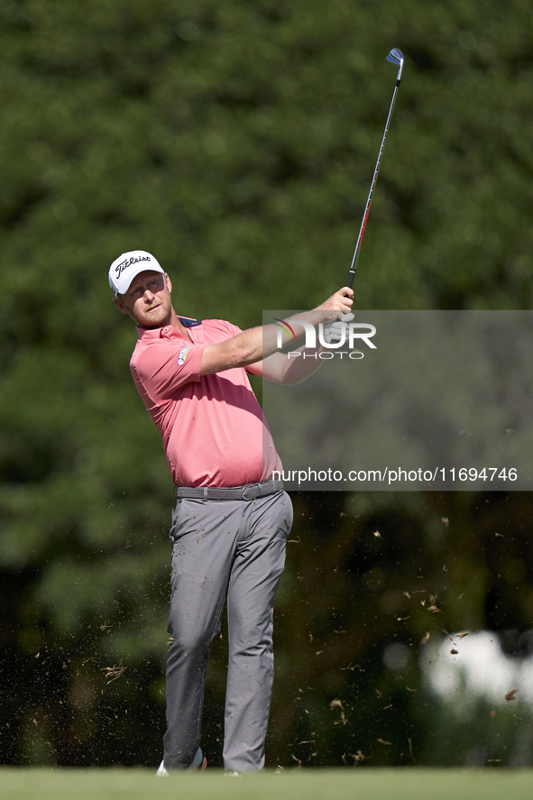 Justin Harding of South Africa plays his second shot on the 15th hole on the fourth day of the Estrella Damm N.A. Andalucia Masters 2024 at...