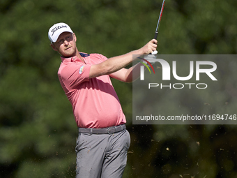 Justin Harding of South Africa plays his second shot on the 15th hole on the fourth day of the Estrella Damm N.A. Andalucia Masters 2024 at...