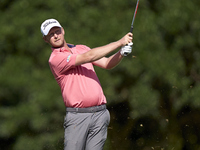 Justin Harding of South Africa plays his second shot on the 15th hole on the fourth day of the Estrella Damm N.A. Andalucia Masters 2024 at...