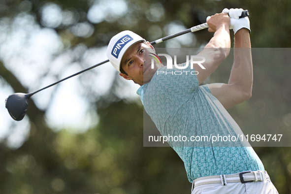 Johannes Veerman of the USA tees off on the 9th hole on the fourth day of the Estrella Damm N.A. Andalucia Masters 2024 at Real Club de Golf...