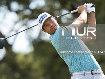 Johannes Veerman of the USA tees off on the 9th hole on the fourth day of the Estrella Damm N.A. Andalucia Masters 2024 at Real Club de Golf...