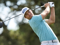 Johannes Veerman of the USA tees off on the 9th hole on the fourth day of the Estrella Damm N.A. Andalucia Masters 2024 at Real Club de Golf...