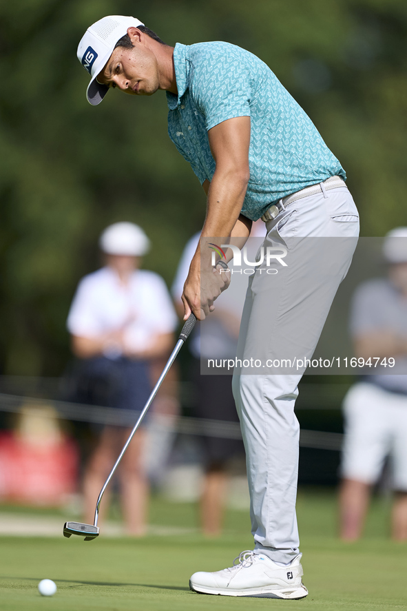 Johannes Veerman of the USA plays a shot on the 8th green during day four of the Estrella Damm N.A. Andalucia Masters 2024 at Real Club de G...