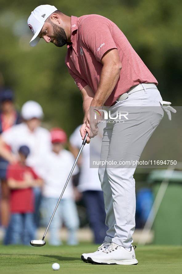 Jon Rahm of Spain plays a shot on the 8th green during day four of the Estrella Damm N.A. Andalucia Masters 2024 at Real Club de Golf Sotogr...